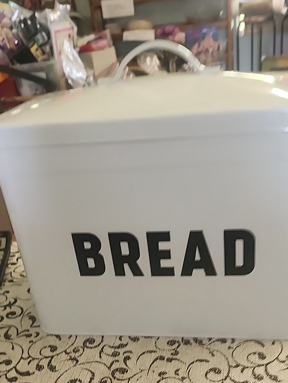 White Metal Bread Box Storage Container with Handle